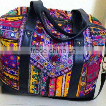 Vintage banjara bag Leather handle mirror work bag Indian gypsy tribal bag inleather