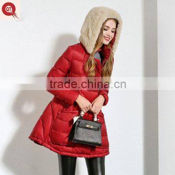 high quality mid thigh length rabbit fur hooded womens duck down jacket for winters 2016