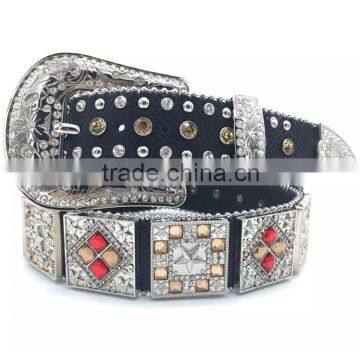 Luxury fashion rodeo black genuine leather cowgirl rhinestone western concho leather belt