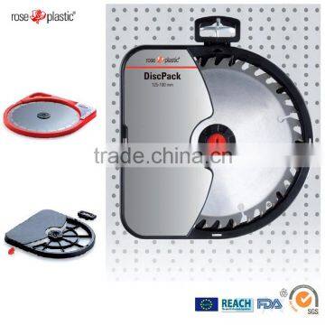 Plastic packaging disk for large circular saw blades with hanging loop Disk Pack PD