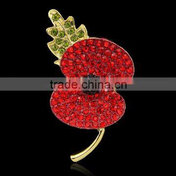 2015 wholesale red and green fashion pins crystal poppy bridal jewelry brooches bouquet