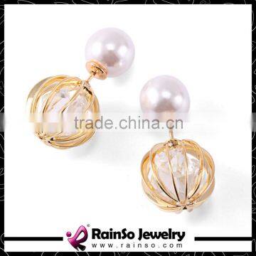 Round Ball Gold Double Sided Earrings With Imitation Pearls