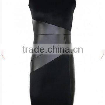 Black Patchwork PU Leather Slim Dress