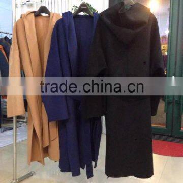 fashion women wool coat 100%wool belt waist hooded open side black camel dark royal-blue
