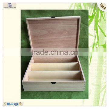 Natural Unfinished Hinged 3 Bottles Compartments Wood Wine Case photo-3