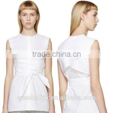 2016 Lady Fashionable Cheap White Belted Sleeveless Blouse photo-5