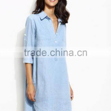 Blue Roll Tab Sleeve High Low Denim Shirt Dress With Pockets On Chest Casual Short Dress With Buttom photo-3