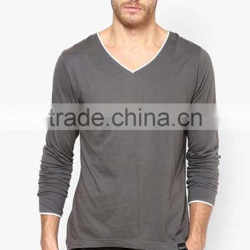 wholesale 100% cotton grey V-neck long sleeve t-shirt