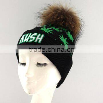 Myfur Adult Screen Green Leaf Printed Skull Hat with Real Fur Pom Pom