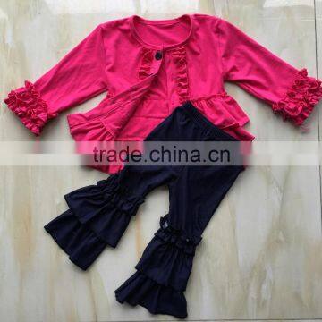 QL-379 hot pink jacket ruffle thin coat and jeans ruffle denim pants baby clothes 2016