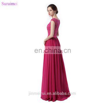 Rose Red Bridesmaid Dresses Lace Applique With Cap Sleeves High Neck Floor Length Chiffon Long Brides Maid Dress Vestidos De photo-6