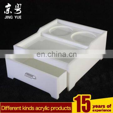 Square white hotel pmma plexiglass cups holder with drawer acrylic cups holder with drawer