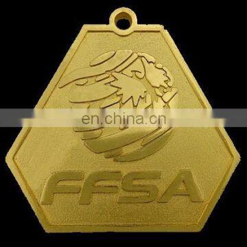 irregular hexagon shape gold medal with sparkle texture background as running medal