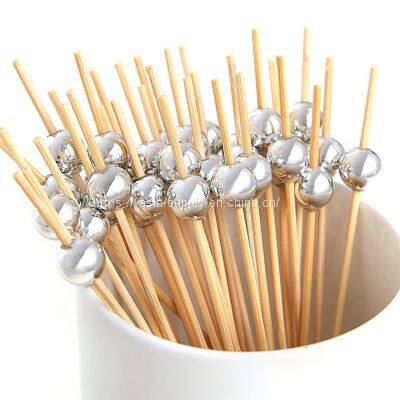 Silver Pearl 100 Counts Bamboo Cocktail Picks, 4.7 Inch Handmade Wooden Fruit Sticks Cocktail Skewers, Cocktail Sticks for Appetizer Drinks Fruits Sandwich Party Decorative Food Picks