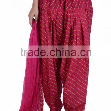 Indian Women Cotton Laheriya Printed Pink Color Patiala Salwar (Pants) with Matching Dupatta (Stole) Set