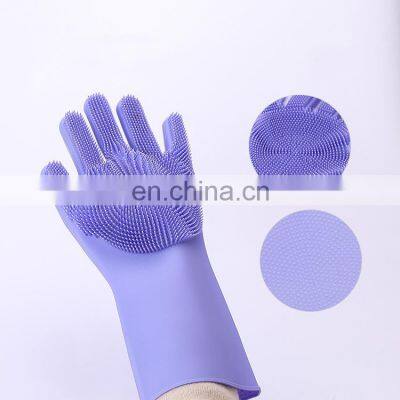 Reusable Food Grade Rubber Non Slip Silicone Dishes Washing Cleaning Gloves With Scrubber