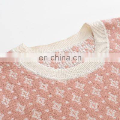 Custom Fashion Jacquard Crew Neck Cashmere Pullover for Women Floral Short Sleeves Knitted Sweater Casual Winter OEM Service