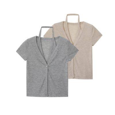 2025 New Women's Clothing French Fashion Hanging Neck Collar Double layered V-neck Stacked Wear Show Thin Short Sleeve T