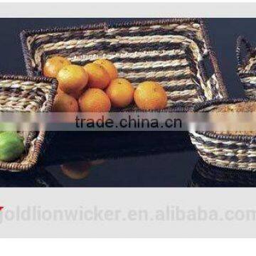 Set of 3 rectangular rush trays baskets with cut-out handle