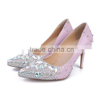 China Wholesale Beige Rubber Sole 6CM Heels Shoes, Pink Patent Leather Low Heel Crystal Wedding Shoes