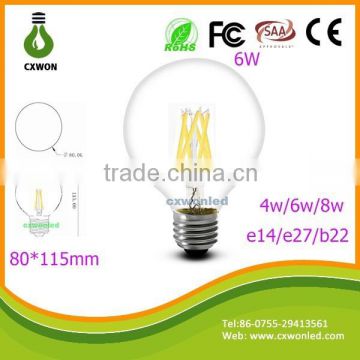 High brightness 50000hrs lifetime led filament bulb light ce rohs ul e27 e14 b22 6w led filament bulb for indoor decoration