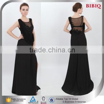 side split long dresses long tail wedding dress flower appliques beaded ruffle prom dress black sleeveless mesh dress