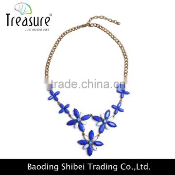 Chinese ethnic jewelry blue resin flower golden chain necklace jewelry 2016 for girl