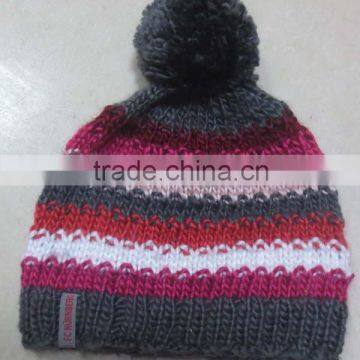 stripe knitted beanie hat with tassel,beanie has with a ball