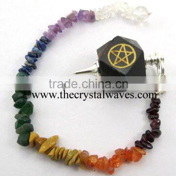 Blue / Black Tiger Eye Agate Pentacle Engraved Hexagonal Pendulum With Chakra Chips Chain