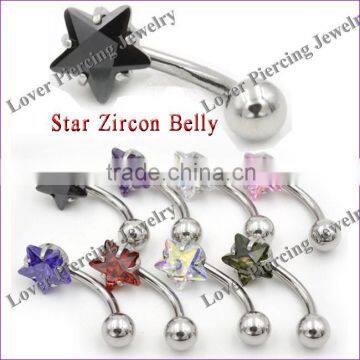 High Polish With Star Zircon Top Design Stainless Steel Navel Belly Ring [SS-E861]