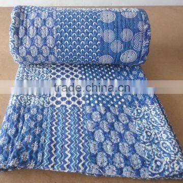 Indian Patchwork Block Print Indigo Blue Kantha Quilt Jaipuri Razai