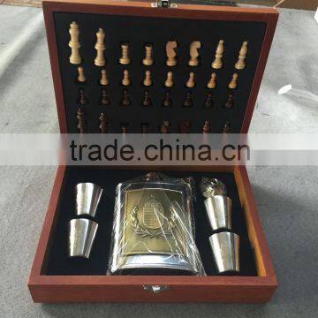Hip Flask and Cup and Funnel and Pieces and Board in Wood Box Set