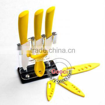 YELLOW Advanced Ceramic Knife set 4" + 5" + 6" +Peeler+Knife holder White Blade