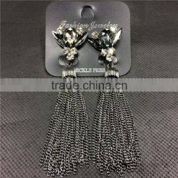 Fashion Crystal Flower Earrings Gun Black Long Tassel Stud Earrings photo-5