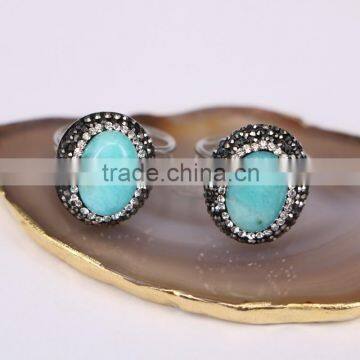 925 Sterling Silver Rings, with Natural Amazon Gemstone and Rhinestone Crystal Paved Adjustable Wide Rings, Gemstone Fashion Rin