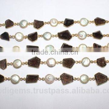 Smoky Quartz Fresh Water Pearl Fancy Bezel Setting Chain photo-3
