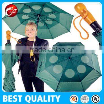 Golf Umbrella Folding Fibereglass Ribs Vented Canopy Wood Style Handle photo-2