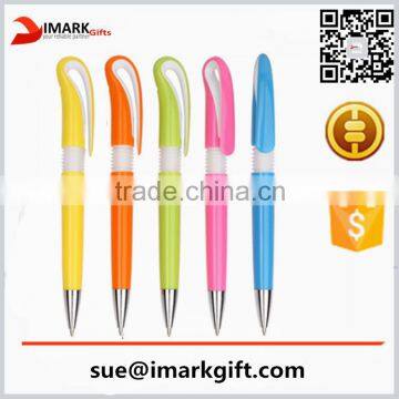 rainbow color barrels logo plastic pen with curved clip/screw body pen