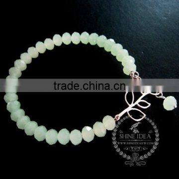 silver leaf branch charm summer ice green faceted glass beads fashion women wiring bangle bracelet 6490040