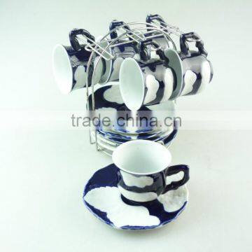 Cheap Wholesale Porcelain Blue Glaze Coffee Tea Set Tableware Cup and Saucer With Metal Stand photo-2