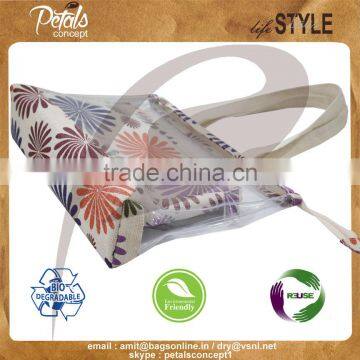 Customize Flora Print See Through Pvc Jute Tote Bag With Pouch photo-2