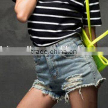 Cheap Wholesale Women High Waist Worn Holes Shorts Light Blue Fashion High Waist Denim Shorts photo-2