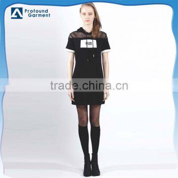 Custom fashion 100% cotton short sleeve mesh hoodies organza dress with logo printing for women