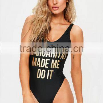 2017 MGOO Low Back Sexy Gold Print Swimsuit Black With Stretchy Fabric One Piece Swimwear High Cut Foil Print Logo photo-4