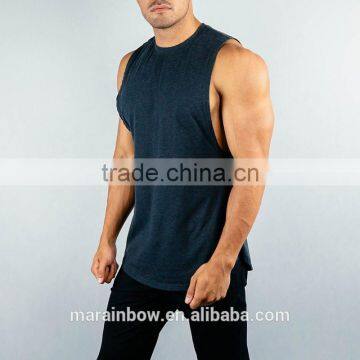 Soft Cotton Elastane blend Gym Fitted Muscle Tee Fashion Design Cut Off Shirt High Neck Curved Hem Tank Top