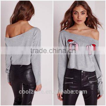 Women Standout Donut Print Pullover Long Sleeves Cropped Jumper Grey photo-1