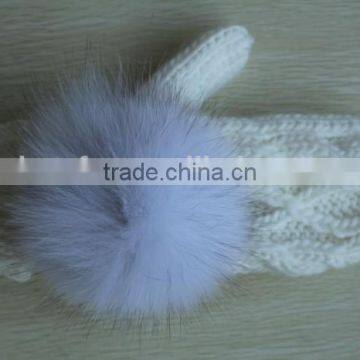 winter thick fleece gloves/ cute colorful knitten glove with fox fur pompon/ Cheap wholesale gloves