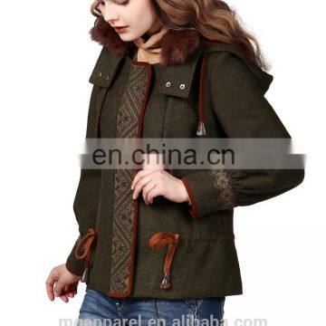 2015 Fashion Winter Warmth Short Coat Embroidered Draw String Hooded Rabbit Fur Collar Woman Coat photo-3