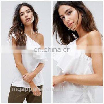 Ladies latest white cotton shirt cheaper wholesale ruffle design for women