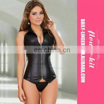 Lady Sexy Faux Leather Steel Boned Corset With Front Zipper